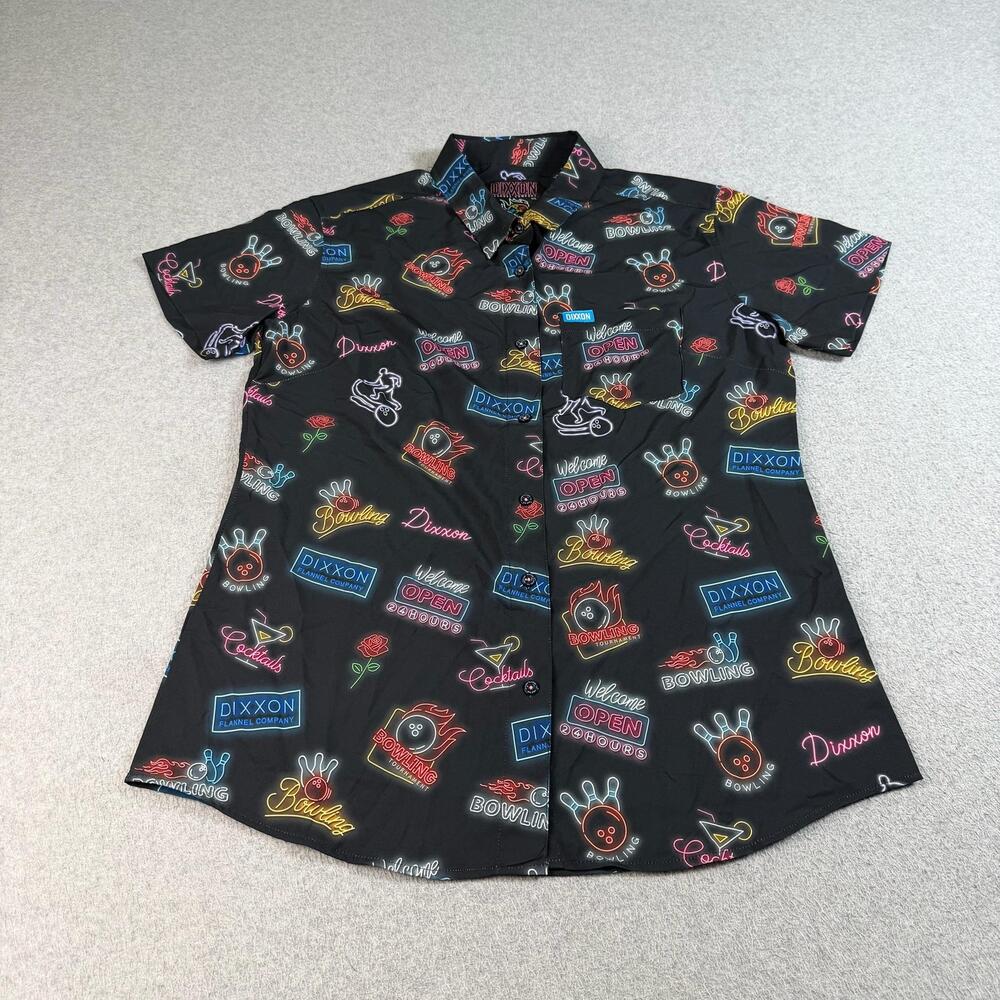 Dixxon Big Ern Shirt Womens Large Black Bowling Alley Neon Signs Button Party